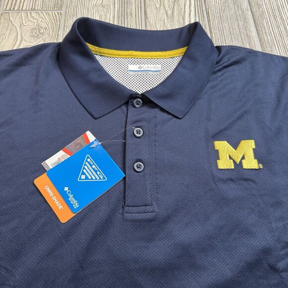 Michigan Wolverines Columbia PFG Polo Shirt Mens XXL Blue Omni Shade Stretch New - Picture 1 of 15